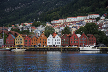 Fototapeta na wymiar Colorful Wooden Ancient Building in Bergen Old City and Harbor
