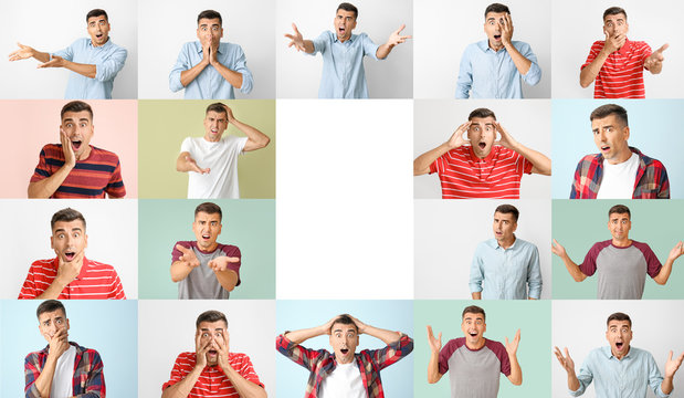 Collage of photos with surprised young man and space for text © Pixel-Shot