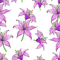 Seamless floral pattern with hand-drawn lilies, monochrome and pink. Endless texture for your design, romantic greeting cards, advertising, fabrics