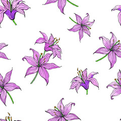 Seamless floral pattern with hand-drawn lilies, monochrome and pink. Endless texture for your design, romantic greeting cards, advertising, fabrics