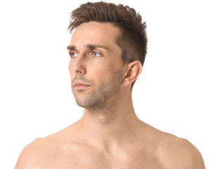 Handsome young man on white background. Plastic surgery concept