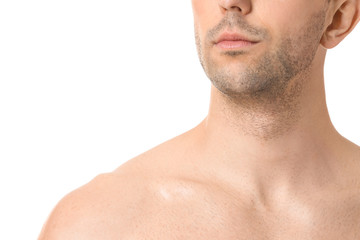 Obraz premium Handsome young man on white background, closeup. Plastic surgery concept