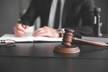 Judge gavel on table of notary public in office
