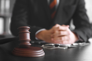 Judge gavel on table of notary public in office