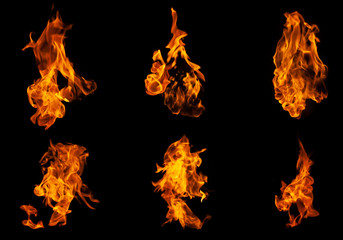 Fire collection set of flame burning isolated on dark background for graphic design purpose