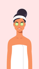 young woman getting facial clay mask dressed in towel girl lying with cucumbers on eyes cleaning and care her face skincare spa relax l treatment concept portrait vector illustration