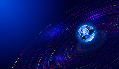 3D earth, lines, particle universe vortex, network big data background.