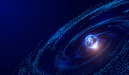 3D earth, lines, particle universe vortex, network big data background. © hqrloveq