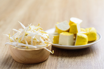 Fresh mung bean sprout and sliced tofu, food ingredient for Asian vegan food