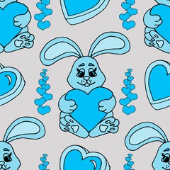 Valentine's day seamless pattern with hearts and a bunny.. Beautiful greeting card with valentines day seamless pattern. Red heart valentine love logo vector. Holiday background.Vector illustration