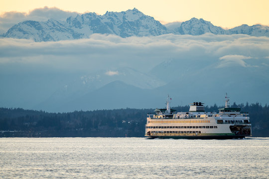 Washington State Ferry Traveling Across Puget Sound In Seattle 