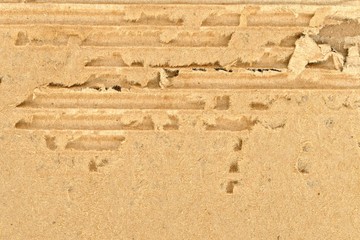 ripped damaged corrugated cardboard background, shredded brown paper overlay for graphic design, damaged recycled cardboard box