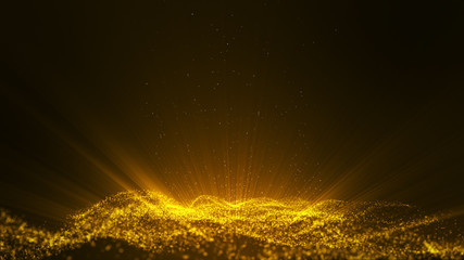 Glow golden dust particle glitter sparks abstract background for celebration with light beam and...
