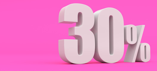 White thirty percent on a pink background. 3d render illustration. For advertising.