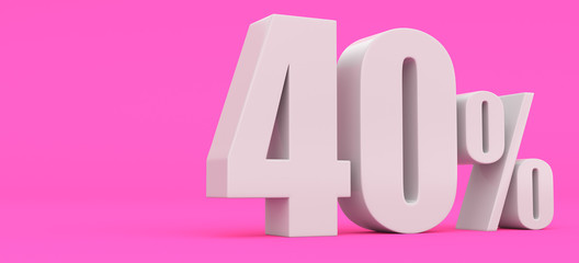 White forty percent on a pink background. 3d render illustration. For advertising.