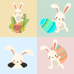 Set of cute kawaii cartoon flat vector easter white bunny, rabbit with decorative eggs, and spring flowers and burrow
