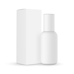 Blank plastic cosmetic bottle with paper box mockup isolated on white background. Vector illustration
