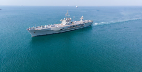 Nuclear battle ship, Military navy ship carrier  patrol around port.
