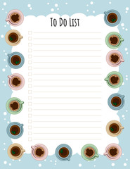 Tea and coffee cups weekly planner and to do list. Morning cafe or restaurant breakfast. Cozy lagom scandinavian style template for agenda, planners, check lists, and stationary