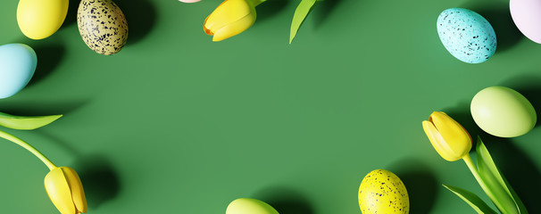 Easter eggs and yellow tulip with copy space on green background. Creative design. 3d rendering