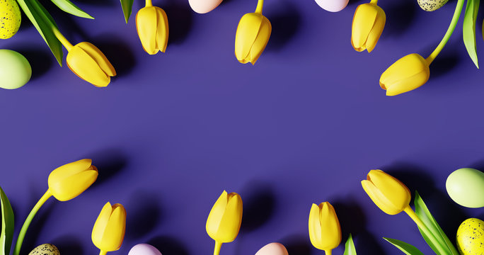 Easter eggs and yellow tulip with copy space on violet background. Creative design. 3d rendering