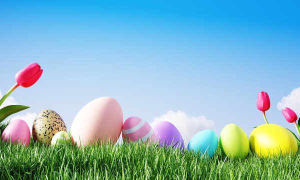 Easter background colorful eggs and tulip on meadow with beautiful sky. 3d rendering