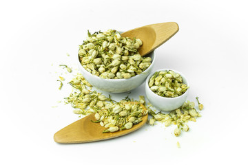 jasmine flowers tea on white background. Herbal tea.