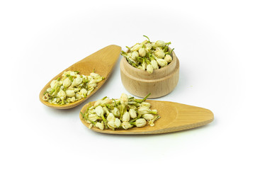 jasmine flowers tea on white background. Herbal tea.
