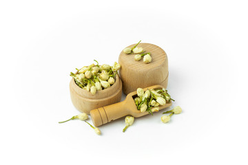 jasmine flowers tea on white background. Herbal tea.