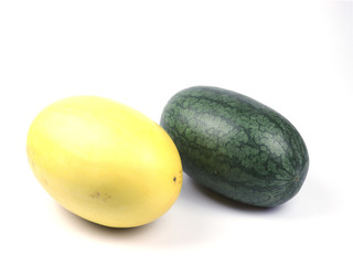 Yellow and green watermelon fruit isolated on a white background.