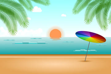 Summer Beach with Rainbow Umbrella and Blue Sky Background.