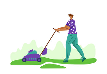 Lawn care and gardening - man with lawn mower on backyard outdoor, lawn grass service and landscape equipment or tool, composition for banner poster web site design, vector people character on white