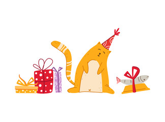 Cats birthday party greeting card - funny red kitten with tasty fish in his bowl and gift boxes, cute vector isolated cartoon flat character on white background for card, poster, clothes print
