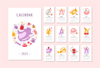 Fototapeta na wymiar Cats birthday party calendar 2021 - funny kitten in festive hat, gift boxes and presents, birthday cake and drinks, big vector planner 12 month pages and cover, cartoon flat characters - template