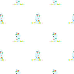 Obraz premium Cute easter background. Seamless pattern with little white rabbits and colorful eggs. Illustration in flat style. Vector 8 EPS.