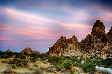 sunset in desert mountain rocks in Joshua Tree National Park jumbo rocks campground