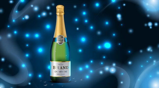 Luxury champagne bottle green color with water drop and ice cubes on dark blue background