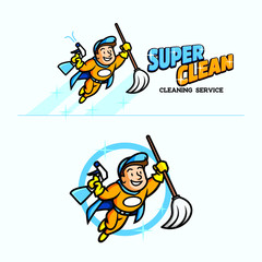 Retro Mascot Logo of Super Hero Holding Cleaning Tools. suitable for any cleaning service company.