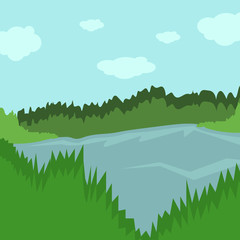 Fototapeta na wymiar Forest landscape. Forest Lake. Vector illustration in a flat style.