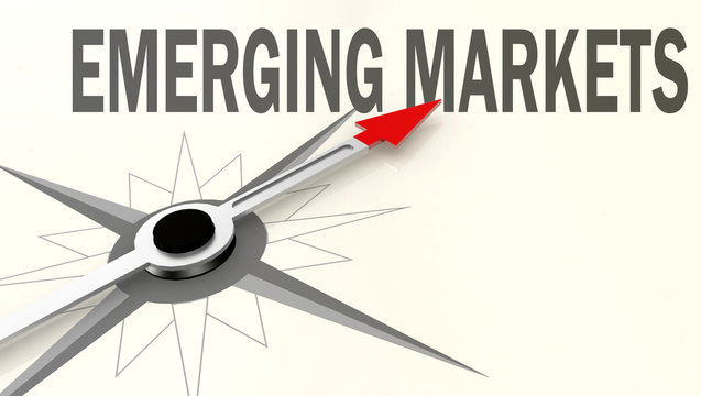 Emerging markets word on compass with red arrow