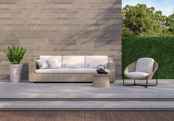 Loft style outdoor living area 3d render,There are wooden and concrete floor,rough concrete wall with wood plank stemped,green plant fence,decorate with ratten and fabric furniture.