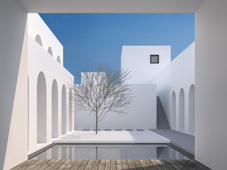 Minimal style courtyard space 3d render,There are a swimming pool with black tiles Surrounded by white buildings Decorated with wooden benches with clear sunlight shining down. - obrazy, fototapety, plakaty