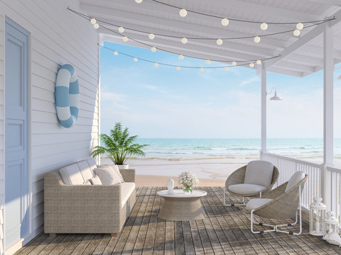 The wooden house terrace on the beach 3d render,Tthere has old wooden floors,white plank walls,blue doors decorated with fabric and rattan furniture, decorated with string lights, overlooking the sea.