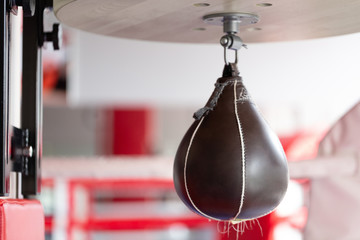 Boxing pear weighs against the background of the ring
