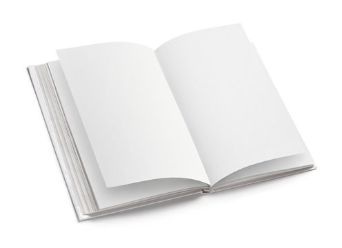 Blank opened book mockup, isolated on white