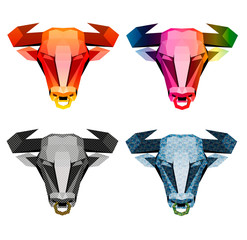 low poly illustration of a four bulls head with a nose ring, sketch vector graphic color illustration on white background