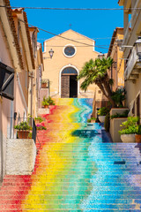 Arzachena, Sardinia; Italy - Famous stairs of Saint Lucia leading to the Church of Saint Lucia - Chiesa di Santa Lucia - in Arzachena, Sassari region of Sardinia - obrazy, fototapety, plakaty