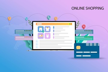 Concept of online shopping, the display of laptop show list of products, description, customer rating and reviews. The credit card is in the front. Map and route of the shipments in pastel background.