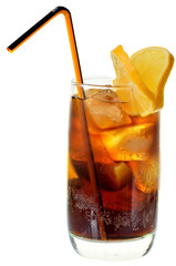 Cola drink with ice cubes and sliced lemon in glass isolated