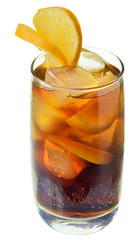 Cola drink with ice cubes and sliced lemon in glass isolated